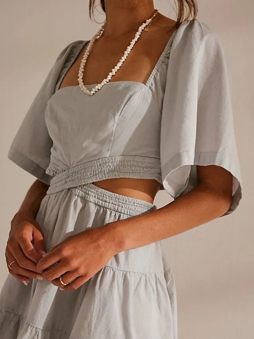 Free People Cross Of Sunlight Gray Linen Smocked Cut Out Tiered Mini Dress - Picture 5 of 12